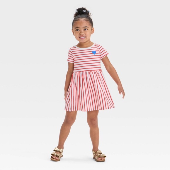 Cat & Jack Striped Red & White Toddler Girl size 3T Dress, short sleeve - Picture 1 of 7